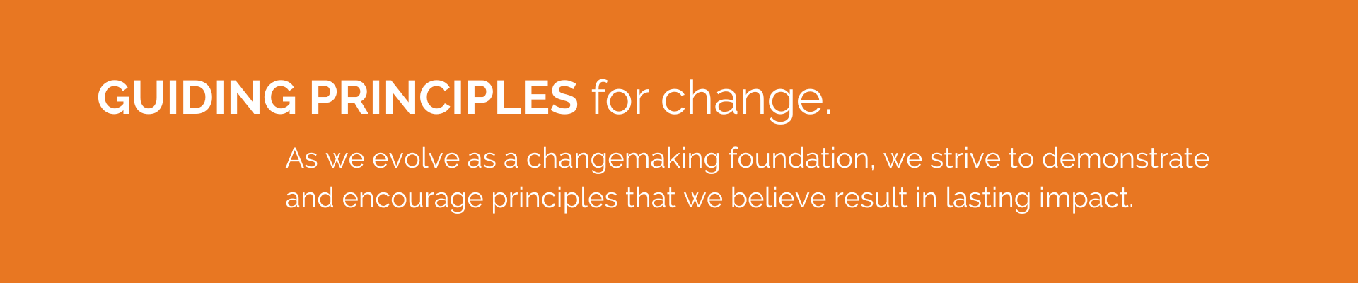 Guiding Principles for change. As we evolve as a changemaking foundation, we strive to demonstrate and encourage principles that we believe result in lasting impact. 