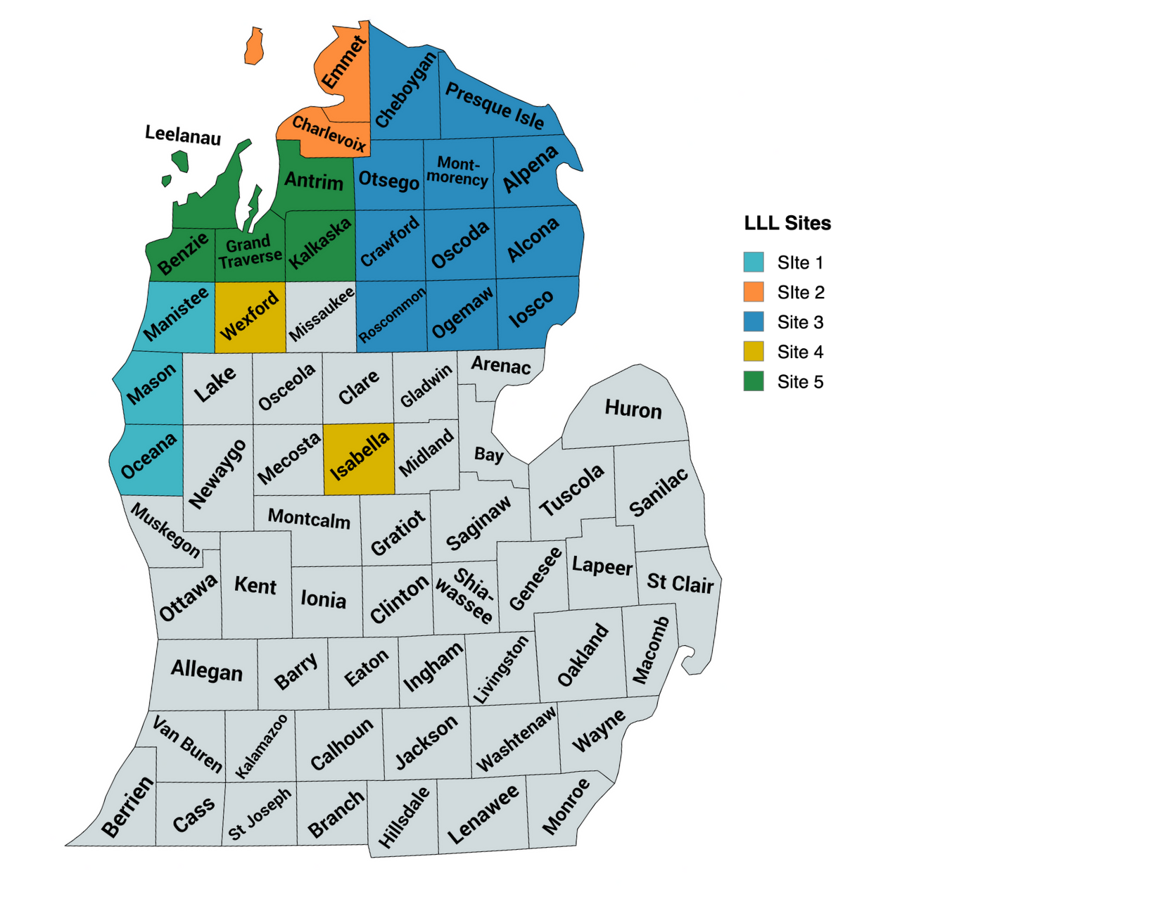 LLL Sites shown by county